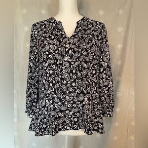Tommy Hilfiger Small Navy Blue and White Womens Paisley Blouse